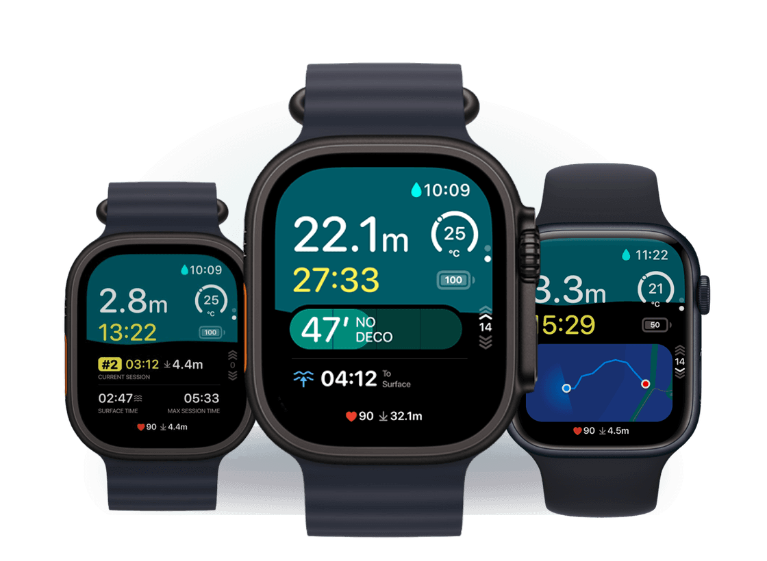 DIVEROUT dive computer screens on Apple Watch Ultra